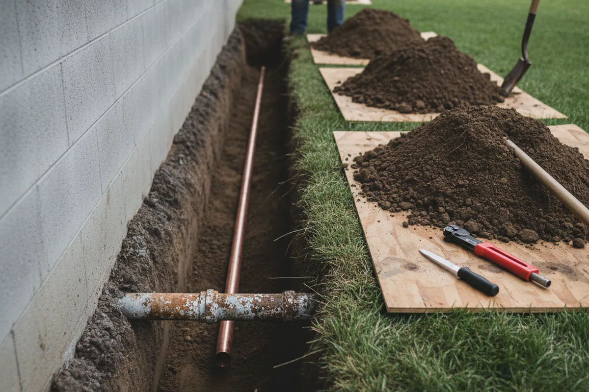 Excavated water line trench during Water Heater Repair in North Scituate